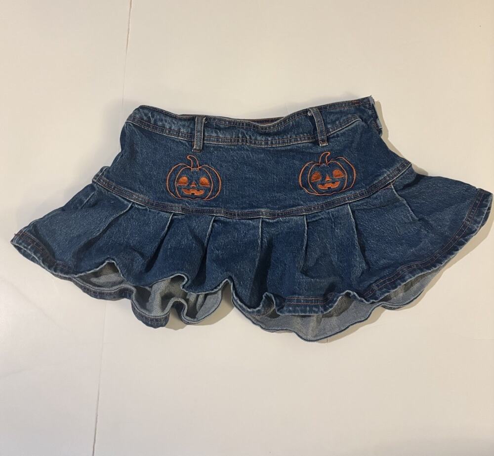 HOT topic SWEET SOCIETY blue jean skirt orange pumpkins size Small Fall Autumn